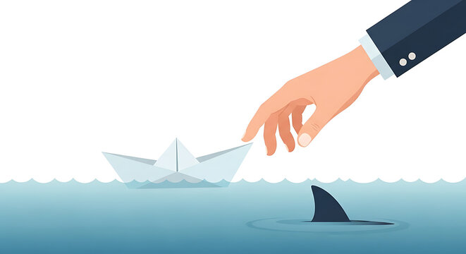 Business hand reaching for a paper boat, while a shark fin lurks in the water, symbolizing risk and caution.