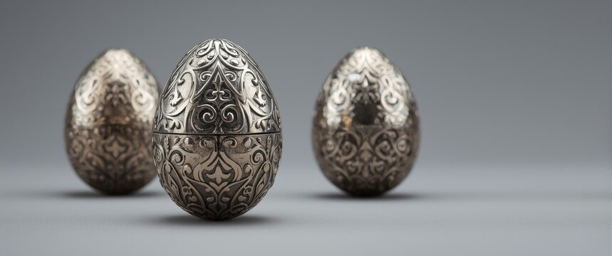 Decorative Metallic Easter Eggs with Intricate Patterns on a Gray Background