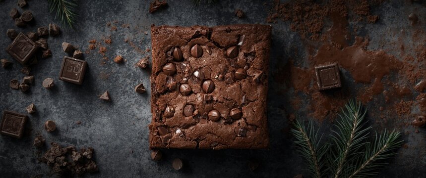 Chocolate Brownie with Nuts on Dark Background Surrounded by Baking Ingredients