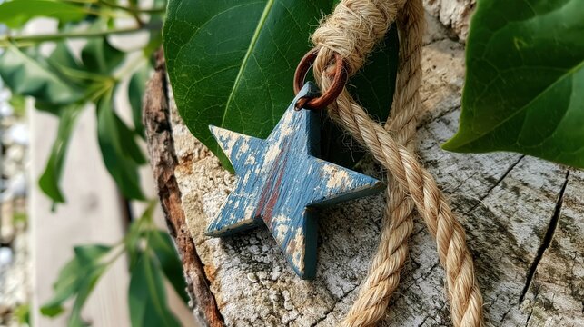 Rustic star ornament hangs from twine on a textured surface.