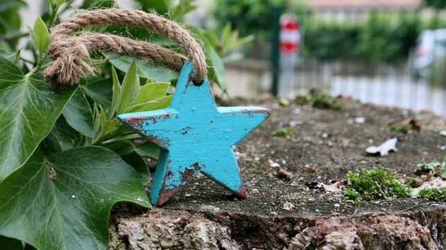 Weathered blue star ornament hangs from a rustic rope in a garden setting.