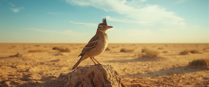 Lark Bird Standing on Rock in Desert Landscape with Blue Sky