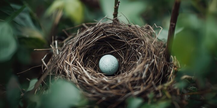 Blue Speckled Egg in a Nest Surrounded by Greenery