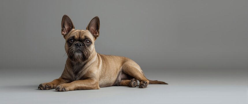 French Bulldog Lying on a Gray Background with Calm Expression