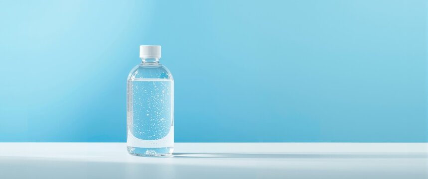 Clear Water Bottle on a White Surface with Blue Background
