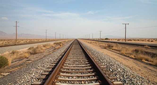 Train Tracks Stretching into the Horizon in a Desert Landscape Under Blue Sky