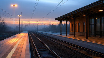 Fototapeta premium Quiet railway station empty platform sunrise misty morning glowing lights tranquil tracks architecture peaceful