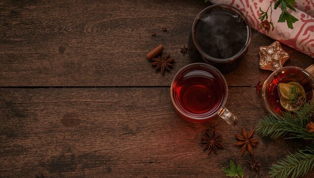 Hot Beverages with Spices and Herbs on Rustic Wooden Table