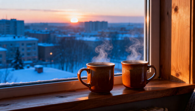 Two warm ceramic coffee mugs placed on a wooden window sill overlooking a snowy cityscape at sunrise, steam rising from both mugs, cozy warm interior lighting contrasting with cold blue exterior