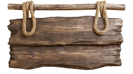 Rustic wooden plank sign hanging by thick rope from rough branch, isolated on transparent background © Adrian
