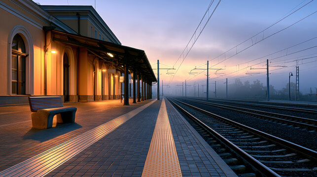 Quiet railway station empty platform sunrise misty morning bench electric wires tranquil architecture travel waiting area