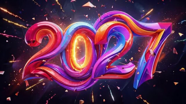 Vibrant multicolored 2027 numerals in abstract wavy design. New year celebration graphic for 2027 year of the goat. Festive digital art with glowing sparks and geometric fragments for holiday banners