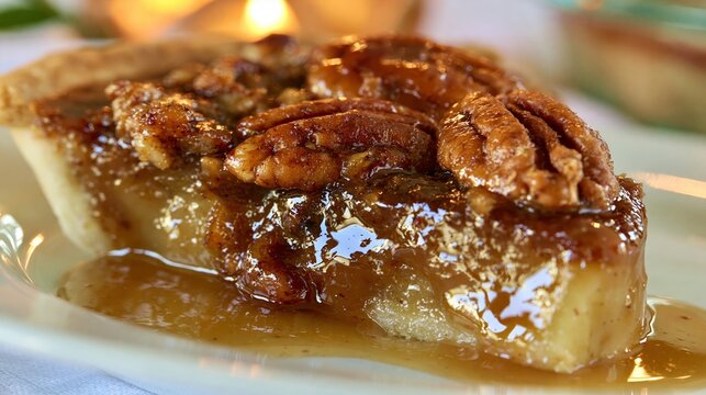 Luscious slice of caramel pecan pie is ready to be served.