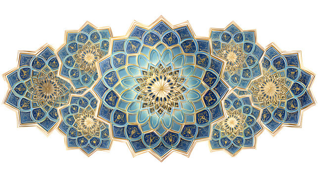 Intricate islamic geometric pattern with blue with pattern comprising multiple motifs arranged symmetrical gold floral motifs stunning islamic