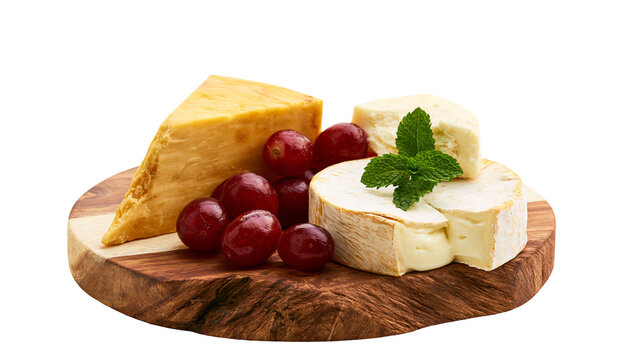 Assortment of cheddar and brie cheeses with red grapes and mint, isolated on transparent background