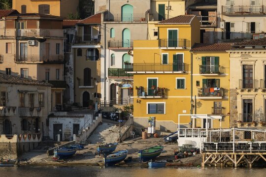 Houses and fishing boats, Scilla, on the Strait of Messina, Calabria, Italy