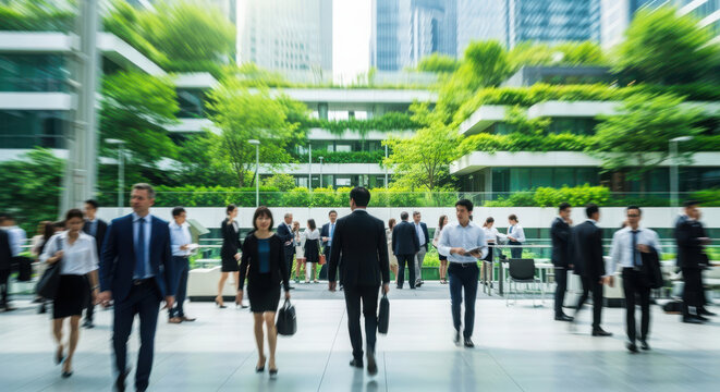 Diverse group of professional business people walking quickly through a modern eco friendly office complex during a busy workday in the bright morning sunlight today