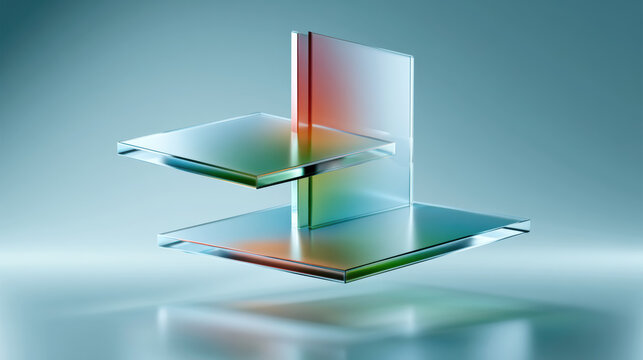 Layered glass panel abstract composition floating minimal modern high fidelity colorful reflection clean geometric 3D render