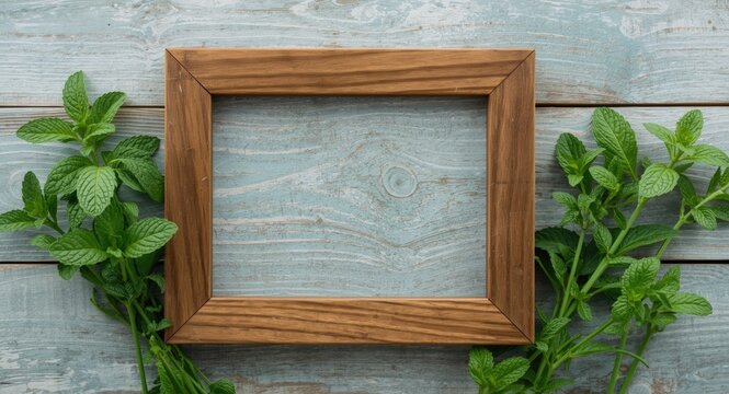 Wooden Frame Surrounded by Fresh Mint Leaves on Blue Wooden Background