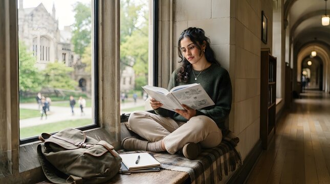 A student sits on a window seat reading a book in a university hallway. Outside, people walk on the campus. The setting shows a busy academic atmosphere