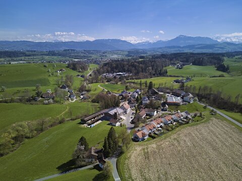 View of the hamlet of Meienberg with the Rigi in the back, Sins, Freiamt, Canton of Aargau, Switzerland