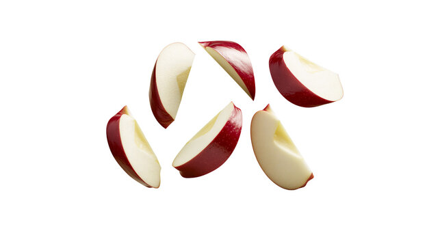 Fresh red apple slices scattered, isolated on transparent background