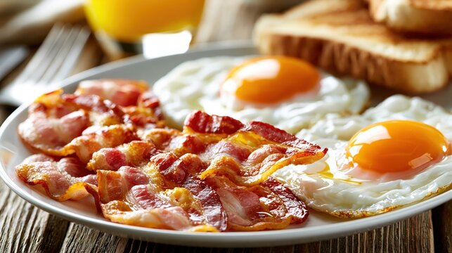 Plateful of delicious crispy bacon and sunnysideup eggs served with toast and orange juice.
