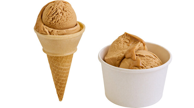 Scoops of caramel ice cream in a waffle cone and paper cup, isolated on transparent background