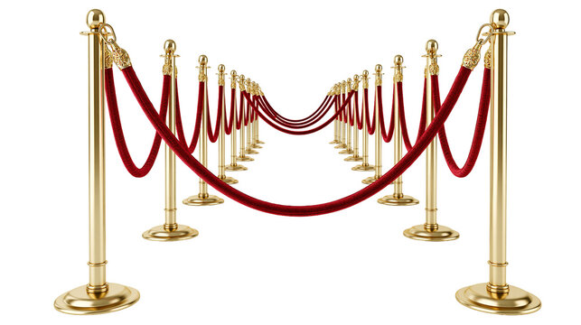 Golden stanchions with red velvet ropes forming a pathway, isolated on transparent background