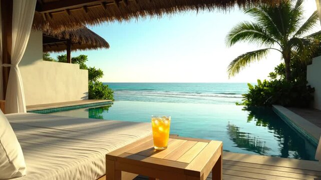 Luxurious poolside paradise with ocean view, refreshing drink, and tropical relaxation setting