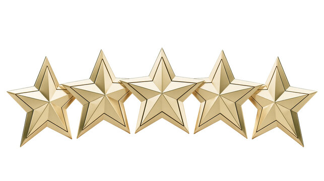 Five golden stars arranged in a row, isolated on transparent background