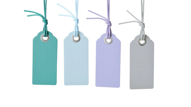Four pastel colored paper gift tags with metal eyelets and twine, isolated on transparent background
