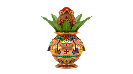 Obraz premium Golden Kalash holy pot with coconut and leaves.