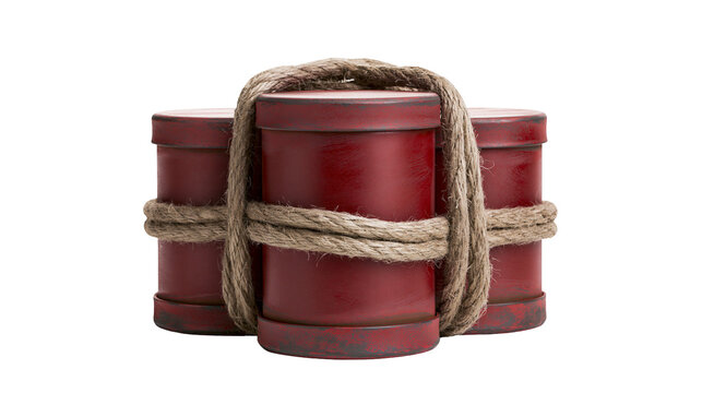 Three red wooden barrels bound with thick natural rope, isolated on transparent background