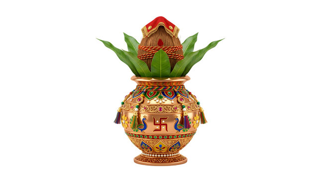 Golden Kalash holy pot with coconut and leaves.