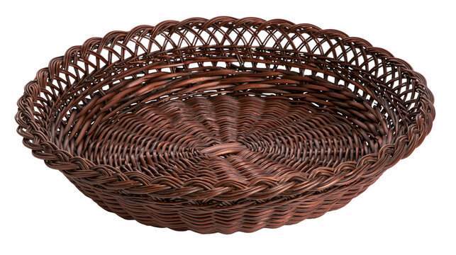 Oval woven wicker basket with decorative braided rim, isolated on transparent background