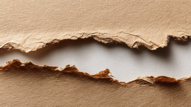 torn kraft paper revealing clean background underneath, rough ripped edges with realistic fibers, large copy space, ultra realistic texture