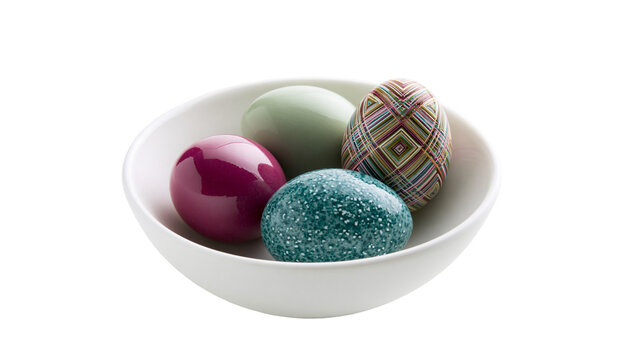 Four decorative Easter eggs in a white bowl, isolated on transparent background