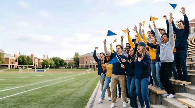 A group of students stands on the bleachers of a school sports field. They wave flags and cheer loudly for their team. It is a sunny day with clear skies
