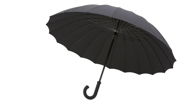 Black umbrella with curved handle open and ready for use, isolated on transparent background