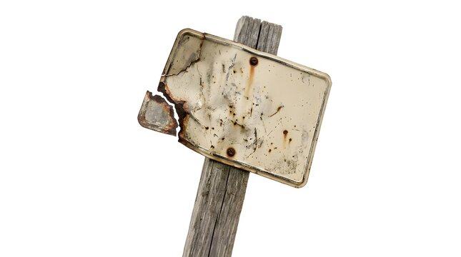 A worn and rusted sign is fixed to a wooden post. The metal is cracked and the surface shows signs of wear. The sign's condition shows it has been outside for a long time
