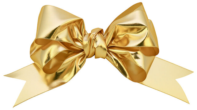 Shiny golden gift bow with creased texture, isolated on transparent background