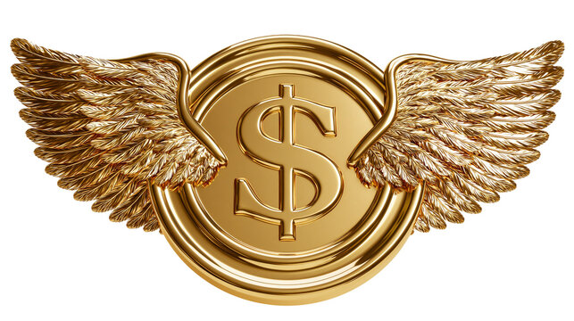 Golden dollar coin with detailed feathered wings, isolated on transparent background