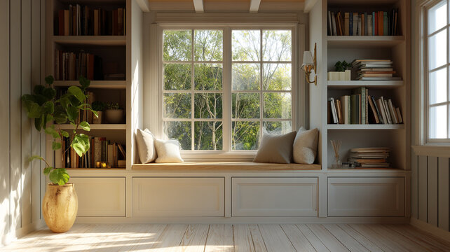 window seat in a modern farmhouse interior, warm sunlight casting soft glow through window, bookshelves and a single plant