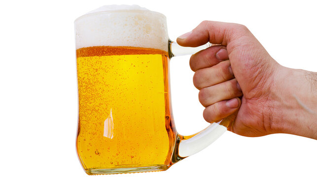 Man s hand holding a frothy golden beer mug, isolated on transparent background