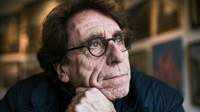 A thoughtful older man wearing glasses rests his chin on his hand.