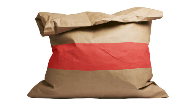 Crinkled brown paper bag with red stripe, isolated on transparent background