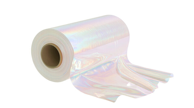 Iridescent holographic cellophane roll with rainbow sheen, isolated on transparent background