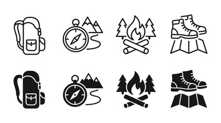 Fototapeta premium Hiking and wilderness camping activity icons in line and silhouette style with backpack adventure trekking wilderness