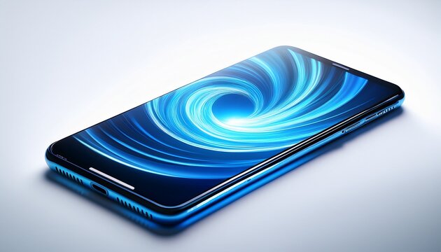 modern smartphone device featuring a vibrant abstract blue glowing light swirl display isolated on a clean white background for minimalist high tech product presentation and digital marketin